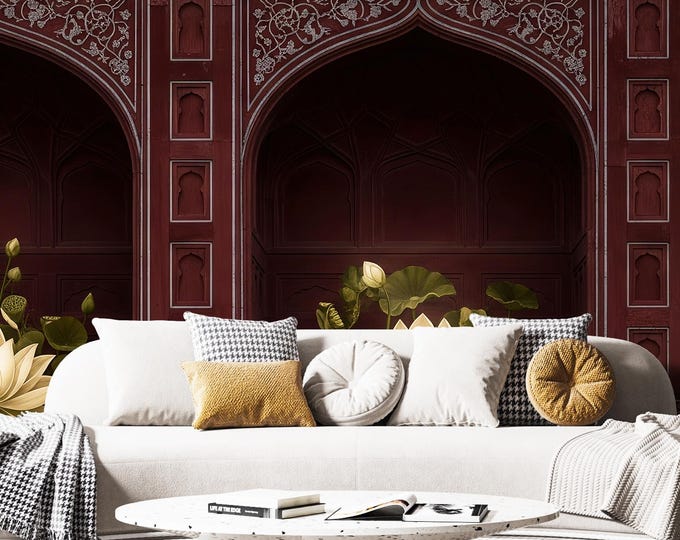 Mughal Archway Wallpaper: Indian Palace Lotus Mural, Peel and Stick