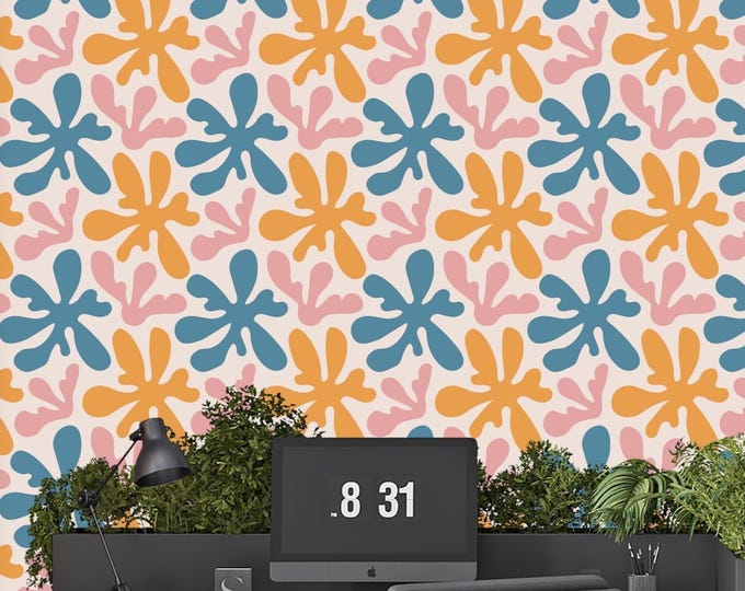 Modern Abstract Matisse Style Wallpaper – Colorful Peel and Stick or Traditional Wallpaper, Artistic Removable Wall Decor