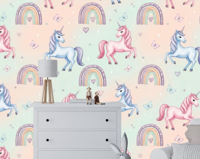 Unicorn Wallpaper Mural: Pastel Rainbow Nursery Decor - Peel & Stick Available