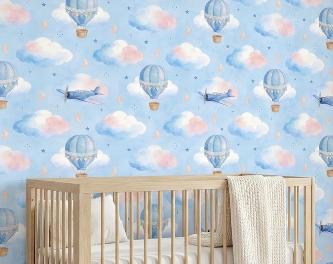 Blue Aviation Nursery Wallpaper Peel Stick, Hot Air Balloon Airplane Baby Boy Wall Decor