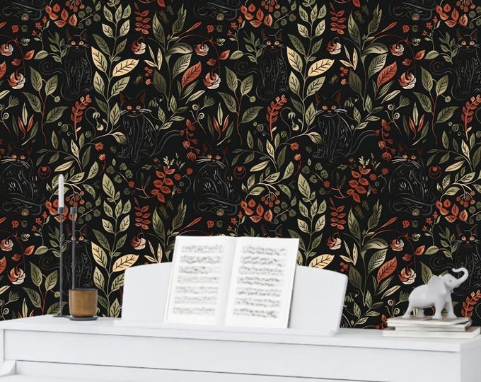 Medieval Black Cat Botanical Wallpaper – Dark Moody Floral Peel and Stick or Traditional Wall Mural, Gothic Witchy Decor, Removable mural