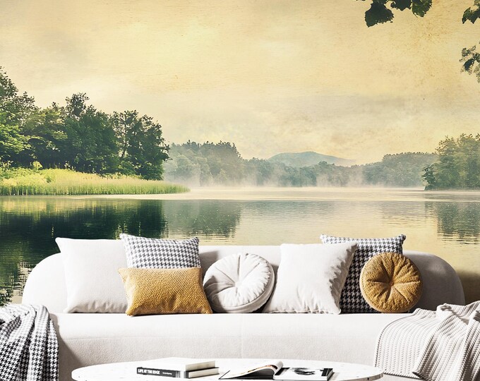 Lake Wall Mural – Serene Forest Peel and Stick Wallpaper, Removable Vinyl or Traditional Paste, Calm Nature Landscape Decal