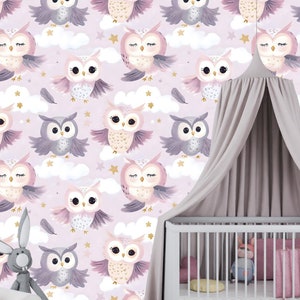 Carta da parati murale adesiva con gufo pastello per bambini – Decorazione da parete per ragazze con cielo notturno da sogno