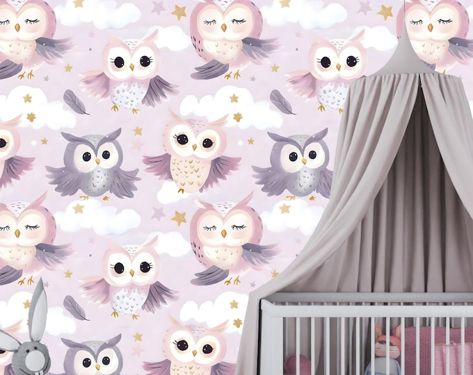 Pastel Nursery Owl Peel and Stick Wallpaper Mural – Dreamy Night Sky Girls Wall Decor
