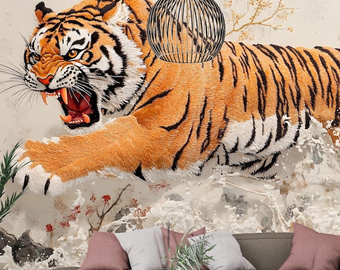 Embroidered roaring chinese tiger wallpaper mural perfect for luxury home decor, bold wall art, or nature designs