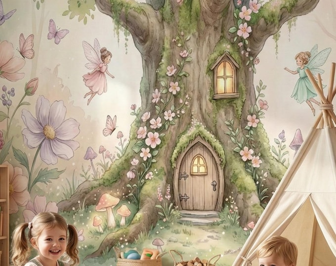Fairy Tree House Peel and Stick Mural, Watercolor Enchanted Forest Girls Nursery