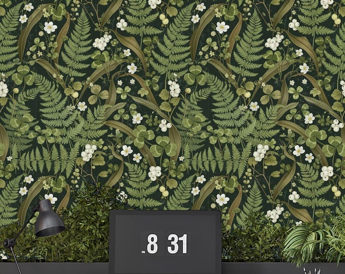 Dark Botanical Wallpaper, Moody Fern and Clover Pattern, Green Woodland Peel and Stick or Traditional, Cottagecore Forest Floor Wall Mural
