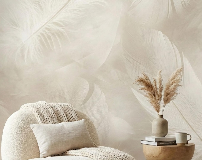 Beige Boho Feather Wallpaper Mural – Neutral Peel and Stick Minimalist Wall Decor