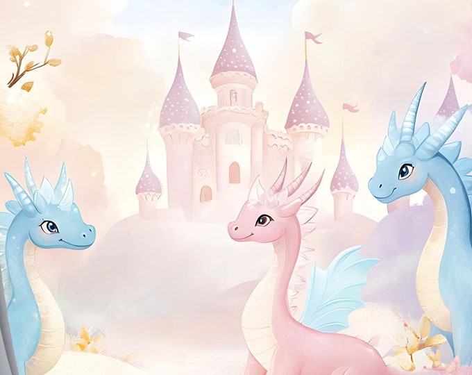 Fairy Tale Castle Dragon Peel and Stick Wallpaper – Whimsical Pastel Forest Mural for Kids' Rooms