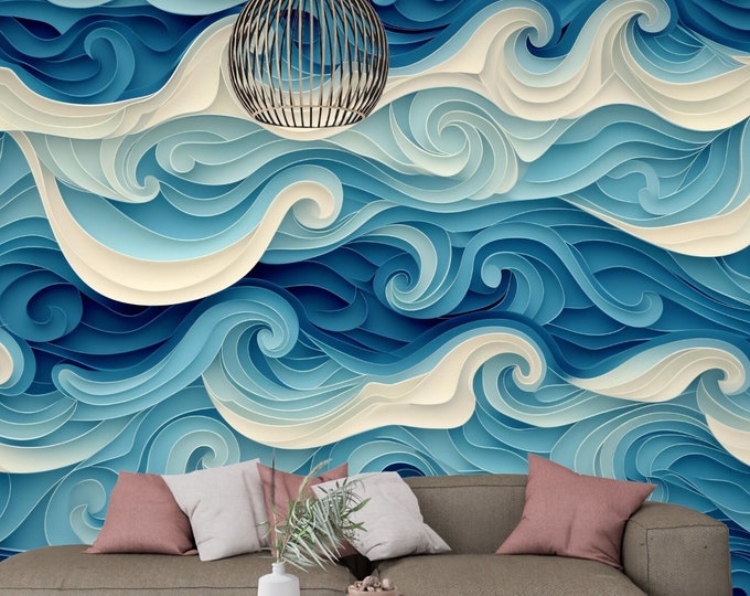 Removable Wallpaper Peeland Stick Wallpaper Wall Paper - White and Blue Waves Peel and Stick Wallpaper