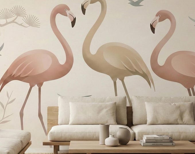 Japandi Flamingo Wallpaper Mural with Neutral Tones and Nature Motifs for Bedroom Living Room