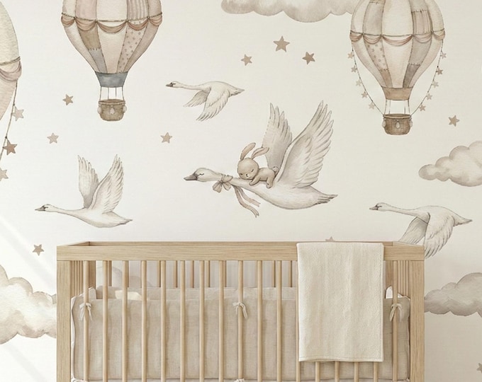 Neutral Swan Nursery Wall Mural Peel Stick, Air Balloon Bunny Wallpaper for Baby Room