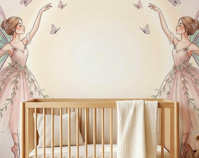 Fairy Ballerina Butterfly Peel and Stick Wall Mural, Pastel Lavender Glowing Girls Wallpaper