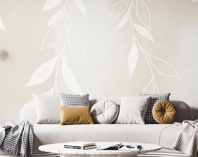 Minimalist Leaf Wallpaper Mural: Japandi Beige Botanical Peel and Stick