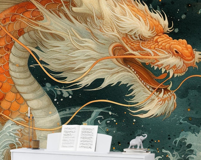 Majestic Dragon in Oceanic Fury Wallpaper – Dynamic Mythical Design, Rich Teal and Orange Tones for Bold Interiors