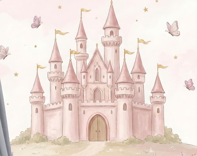 Pink Princess Castle Wallpaper, Fairy Tale Nursery Mural, Peel and Stick Decor