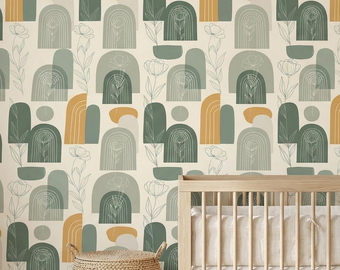 Boho Arch Botanical Wallpaper — Sage Green Mustard Peel and Stick Mural