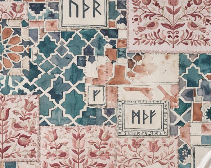 Bohemian Patchwork Tilework Wallpaper with Embroidered Birds, Moroccan Geometric Collage, Repositionable Peel-and-Stick Maximalist Mural