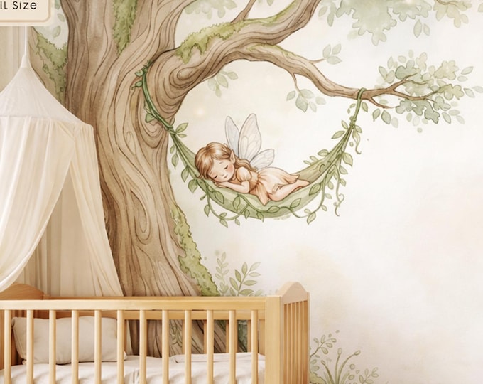 Sleeping Fairy Treehouse Peel and Stick Mural, Watercolor Woodland Nursery Wallpaper