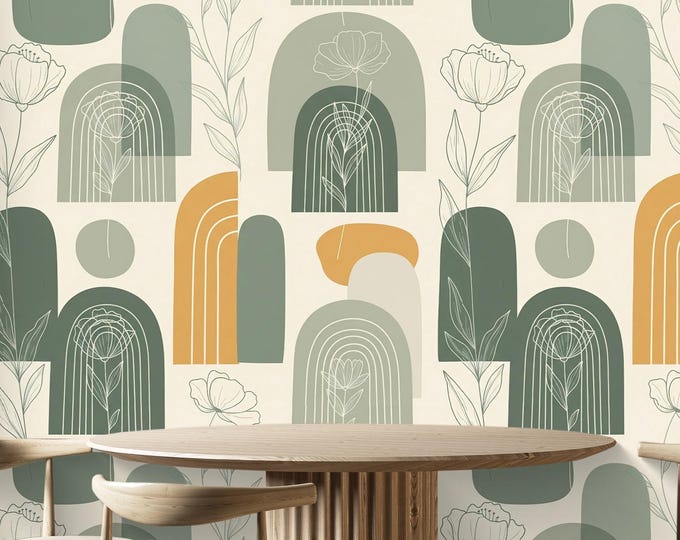 Boho Botanical Arch Wallpaper Mural: Sage Green Scandinavian Wall Decor