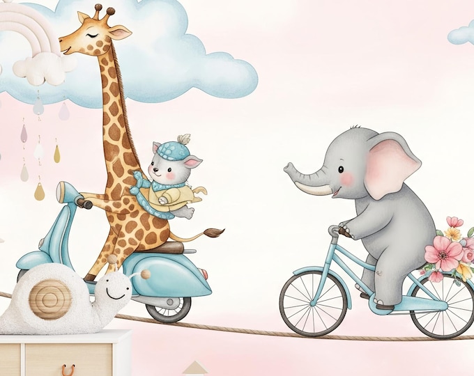 Animal Nursery Wallpaper Mural Peel and Stick – Giraffe, Elephant, Hedgehog | Gender-Neutral Baby Room Décor | Removable Kids Wall Art