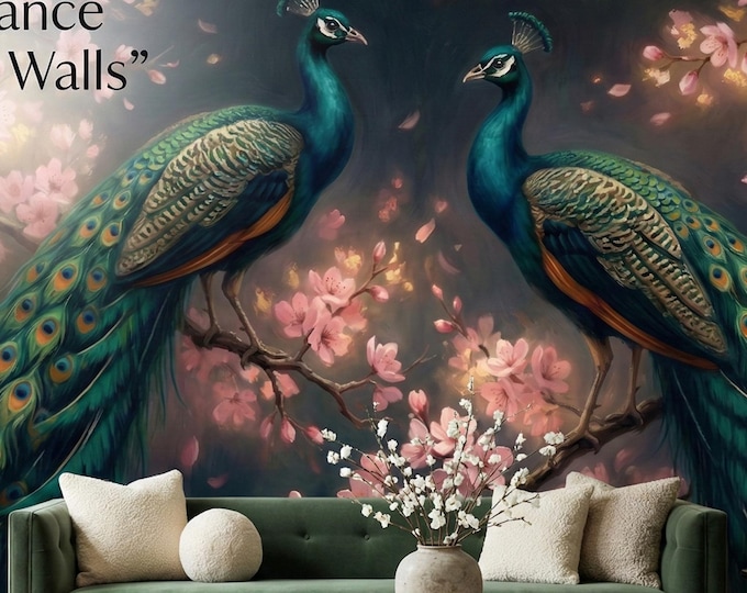 Dark Peacock Wallpaper Mural, Elegant Chinoiserie Bird Decor with Pink Cherry Blossom Trees