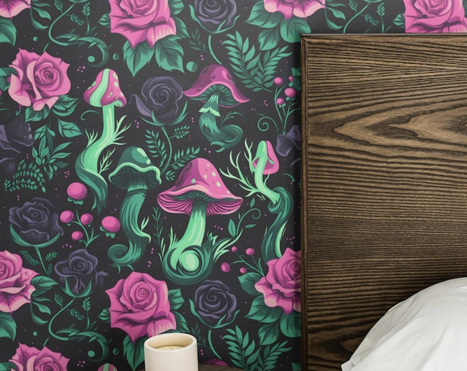 Neon Gothic Wallpaper – Whimsigoth Roses and Mushrooms Peel and Stick Mural | Goth Peel and Stick or Paste Decor for Bedroom or Studio