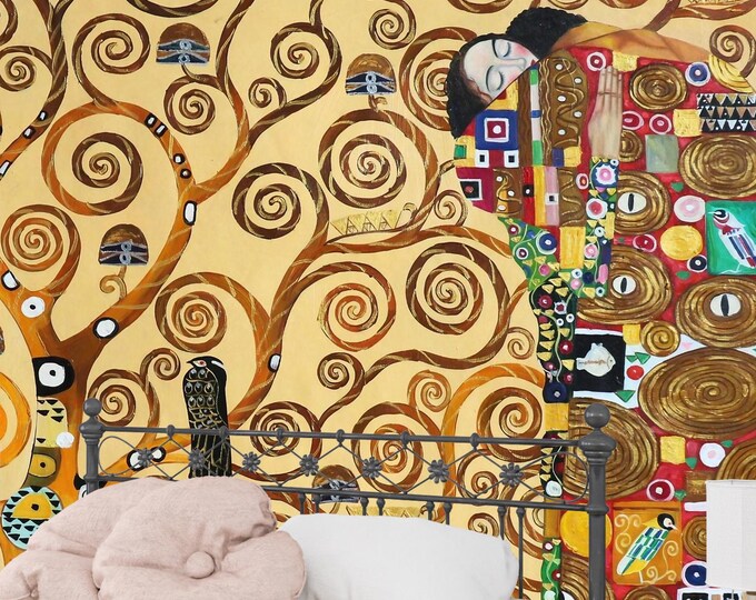 Gustav Klimt Tree of Life Wallpaper Mural – Luxurious Golden Swirl Design, Artistic Abstract Masterpiece