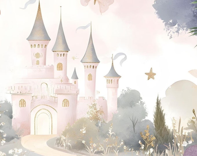 Whimsical Fairytale Princess Castle Wallpaper Mural for Girls,Floral Forest with Butterflies,Self Adhesive Peel and Stick or Non Woven Paper