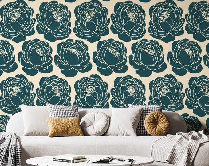 Modern Floral Wallpaper Mural with Teal Line Art Flowers for Bedroom Living Room Walls