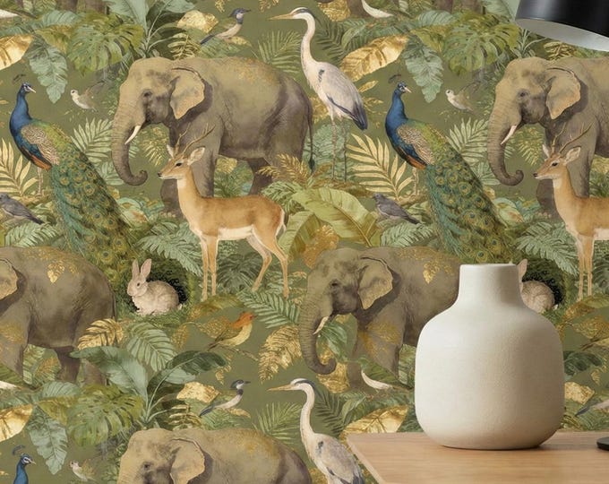 Safari Jungle Animal Wallpaper, Elephant Peacock Deer Tropical Nature Peel and Stick Mural