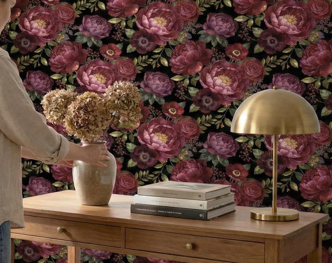 Moody Burgundy Watercolor Floral Wallcovering, Black Victorian Peony Roses, Removable Peel and Stick Mural