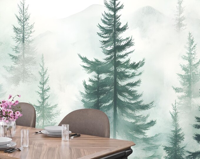 Rustic Foggy Pine Tree Forest Wallpaper Mural for Home Décor, Vinyl or Peel and Stick, Nature Gift for Renters & Homeowners