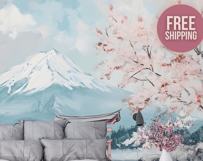 Japanese Cherry Blossom Peel and Stick Wallpaper Mural Decal, Asian Fuji Mountain Landscape Decor for Living Room or Bedroom