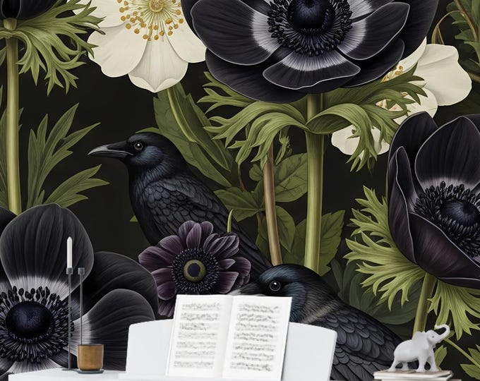 Dark Academia Floral Peel and Stick Wallpaper with Crows, Moody Gothic Botanical Mural, Maximalist Black Flower Wall, Removable Raven Decor