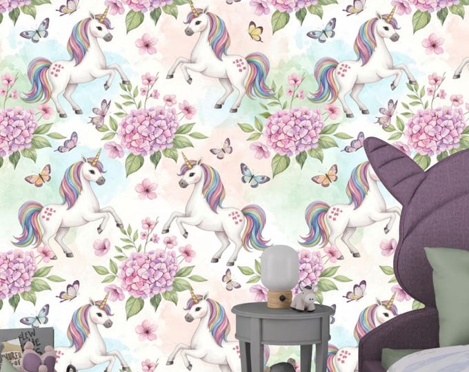 Rainbow Unicorn Wallpaper Mural: Whimsical Nursery, Pastel Floral Wall Art