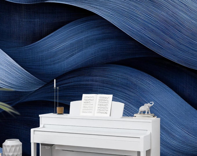 Wallpaper Textured Rich Navy Waves Grasscloth - Peel and Stick Wall Décor, Elegant Blue Pattern, Removable Mural for Bedrooms & Living Rooms