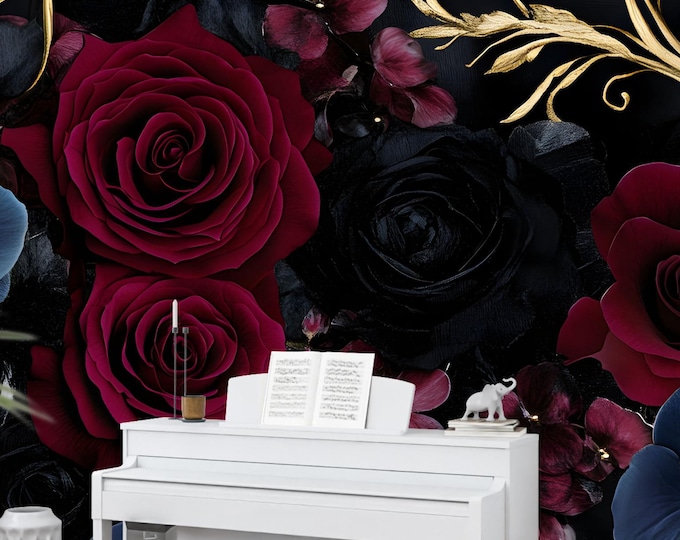 Dark Floral Peel and Stick Wallpaper Mural – Gothic Luxury Removable Wall Decor
