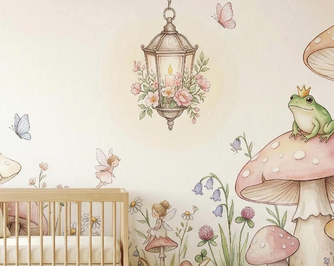 Fairy Mushroom Meadow Peel and Stick Mural, Watercolor Cottage Nursery Wallpaper