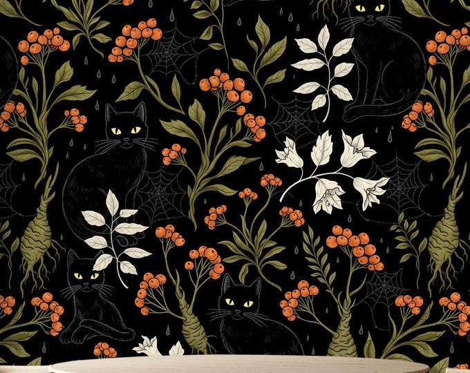 Black Cat Gothic Wallpaper: Witchy Dark Academia Floral Wall Mural