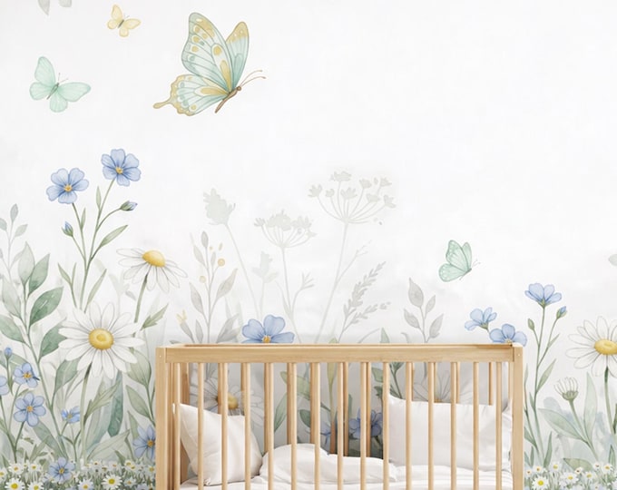 Butterfly Daisy Meadow Peel and Stick Mural, Watercolor Sage Blue Girls Bedroom Nursery