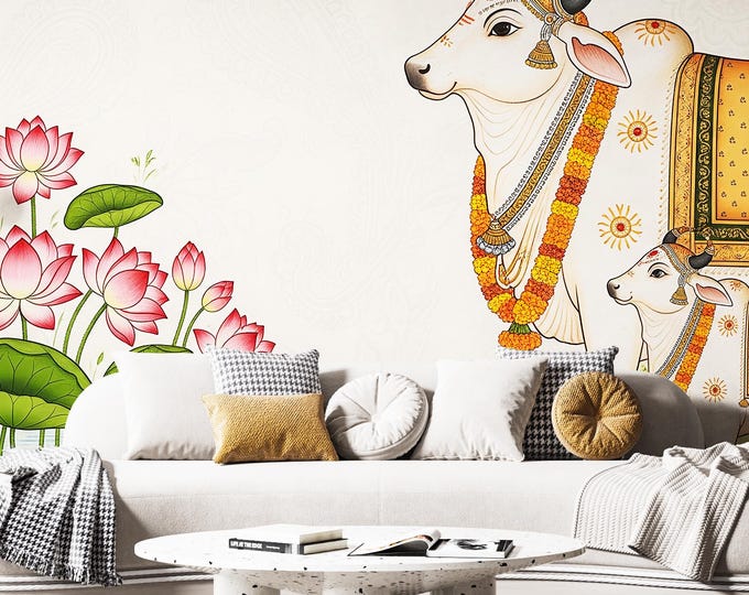 Pichwai Cow Wallpaper Mural: Kamadhenu Lotus, Vastu Decor, Indian Wall Art
