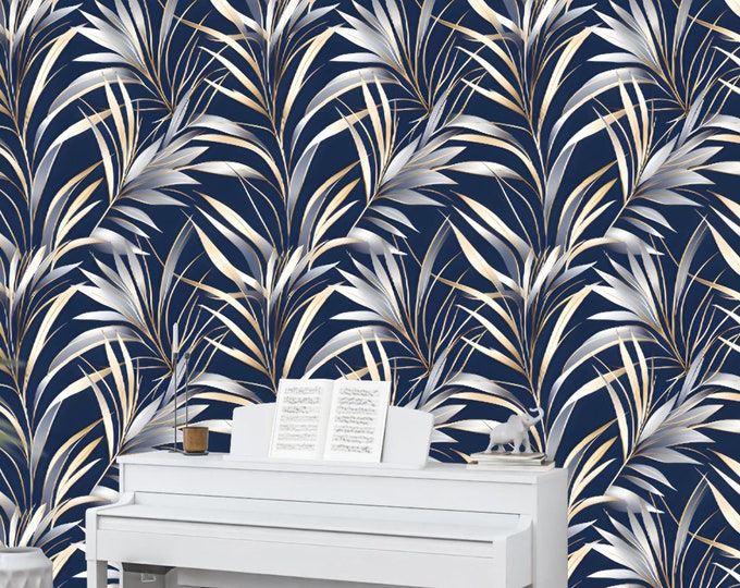 Wallpaper Art Deco Tropical Palm Leaf Mural | Elegant Botanical Design for Home and Office | Peel and Stick, Prepasted, or Traditional Paper