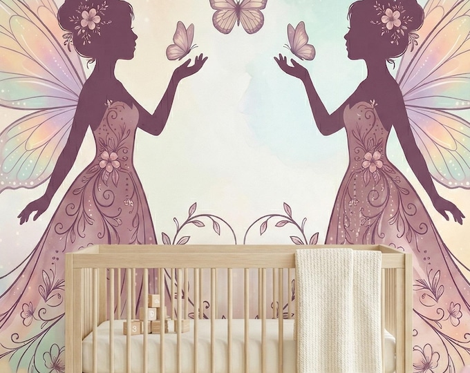 Fairy Silhouette Butterfly Peel and Stick Wall Mural, Pastel Rainbow Wing Girls Wallpaper