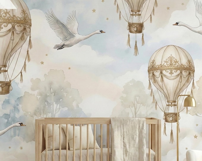Luxury Nursery Wall Mural Peel and Stick, Hot Air Balloon Neutral Baby Room Wallpaper