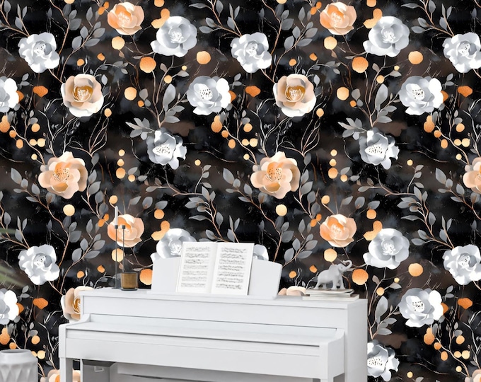 Chic Botanical Black Floral Wallpaper with Gold and White Roses - Elegant Wall Decor for Bedrooms, Living Rooms, and Glamorous Accent Walls