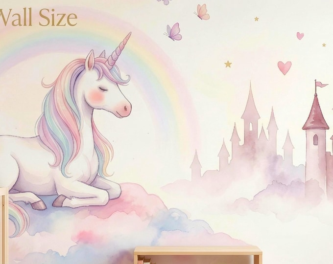 Unicorn Wallpaper Pastel Rainbow Kids Wall Mural Nursery Castle Peel Stick or Vinyl Decor