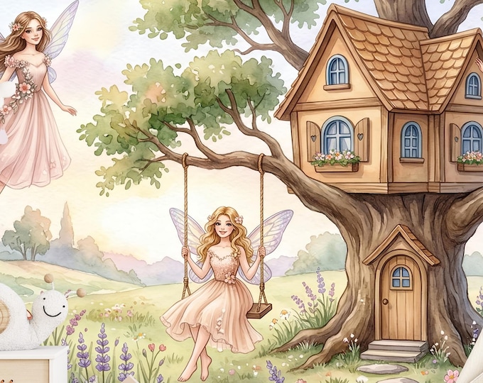 Fairy Cottage Treehouse Peel and Stick Mural, Watercolor Peony Garden Girls Wallpaper