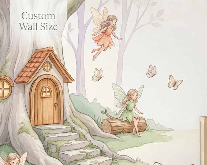 Enchanted Fairy Forest Peel and Stick Wall Mural, Watercolor Woodland Girls Nursery Wallpaper