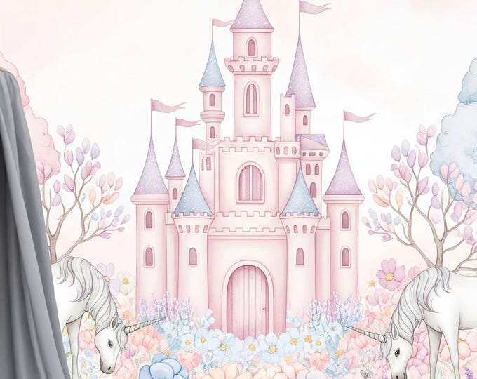 Unicorn Castle Peel and Stick Wallpaper Mural: Pink Pastel Nursery Decor